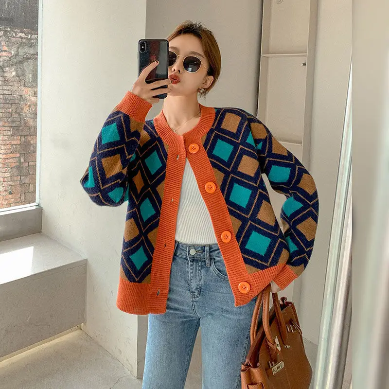 

Patterned Winter Cardigan Women Loose Autumn Fashion Oversized Sweater Casual Geometry Knitted Cardigan Femme Coat X5