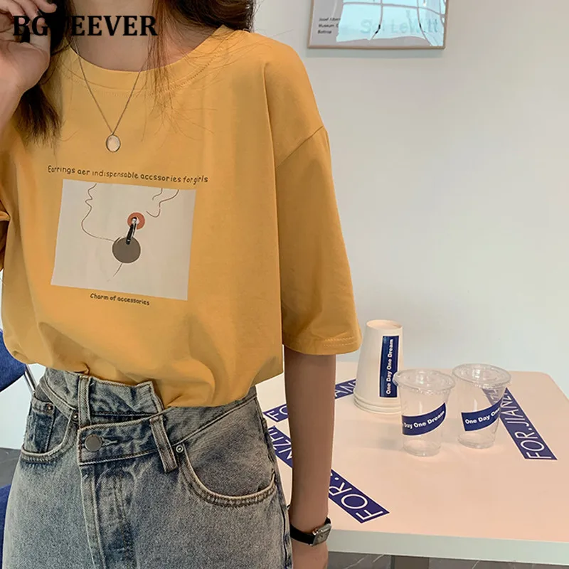 

BGTEEVER Summer Chic O-neck Women Cotton T-shirts Short Sleeve Loose Female Printed Tops 2021 Casual Ladies Solid Pullovers Tees