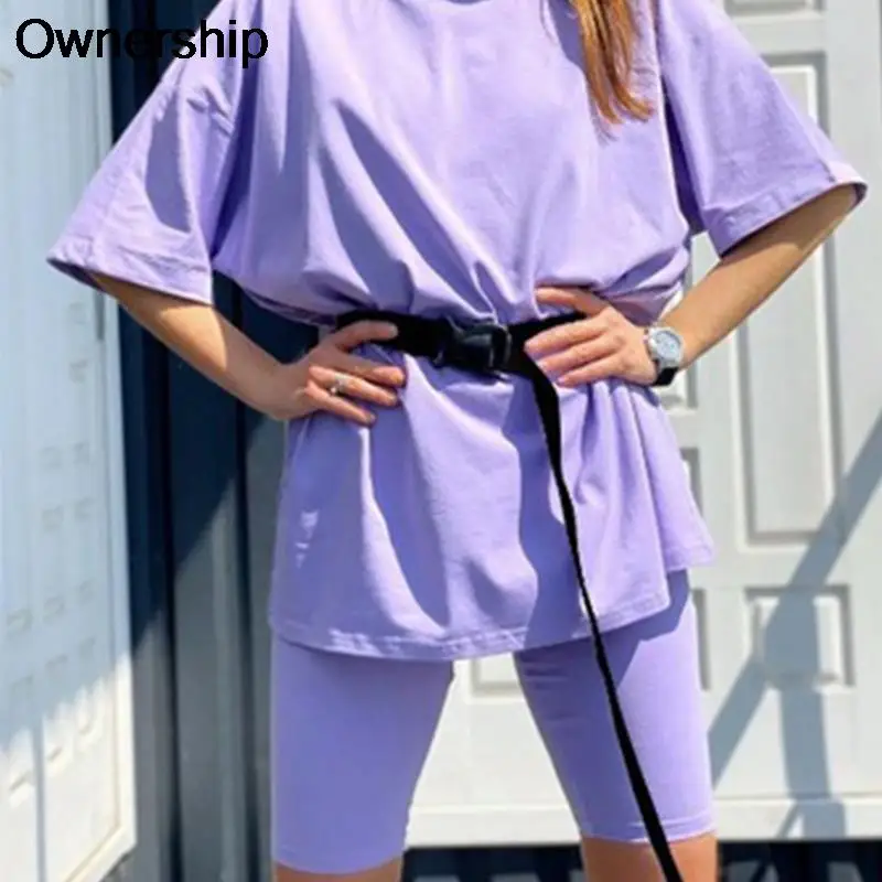 

Women'S Two Piece Suits Casual Solid Color Loose Shirt With Belt Biker Shorts Skinny Tracksuit Summer Clothing Female Loungewea