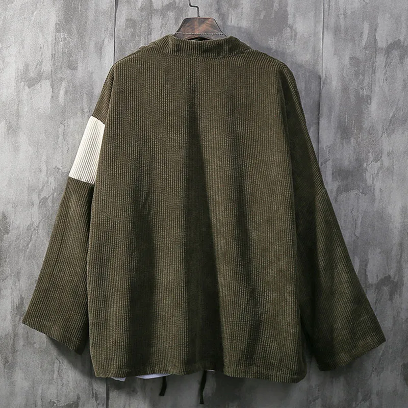 Japan Style Men Corduroy Kimono Jacket Color-blocking Patched Design Drop Shoulder Haori Oversize Loose Thin Coat | Мужская одежда