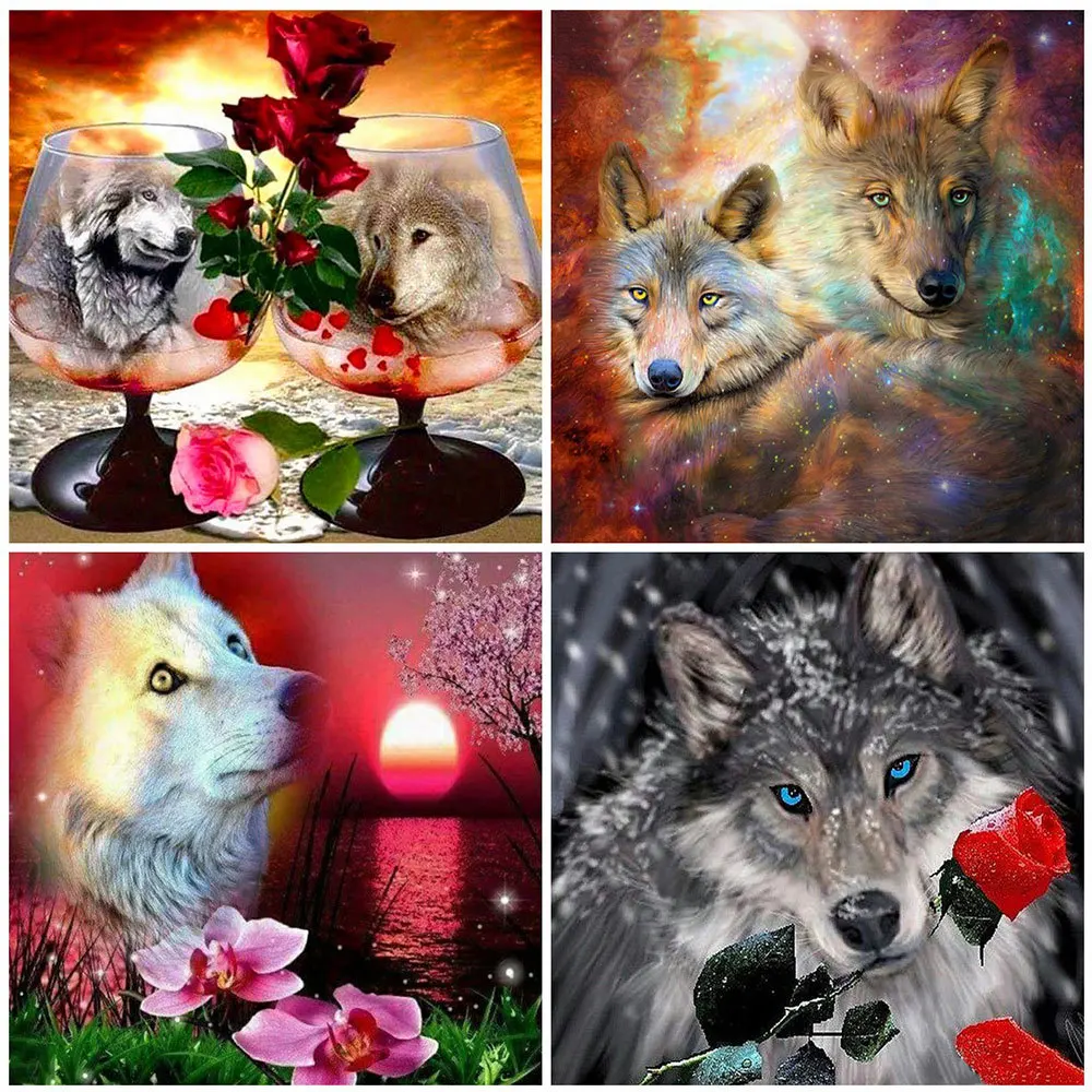

HUACAN Full Square Round Diamond Painting Wolf Rose Picture Of Rhinestone Diamond Embroidery Animal Cross Stitch Decor For Home