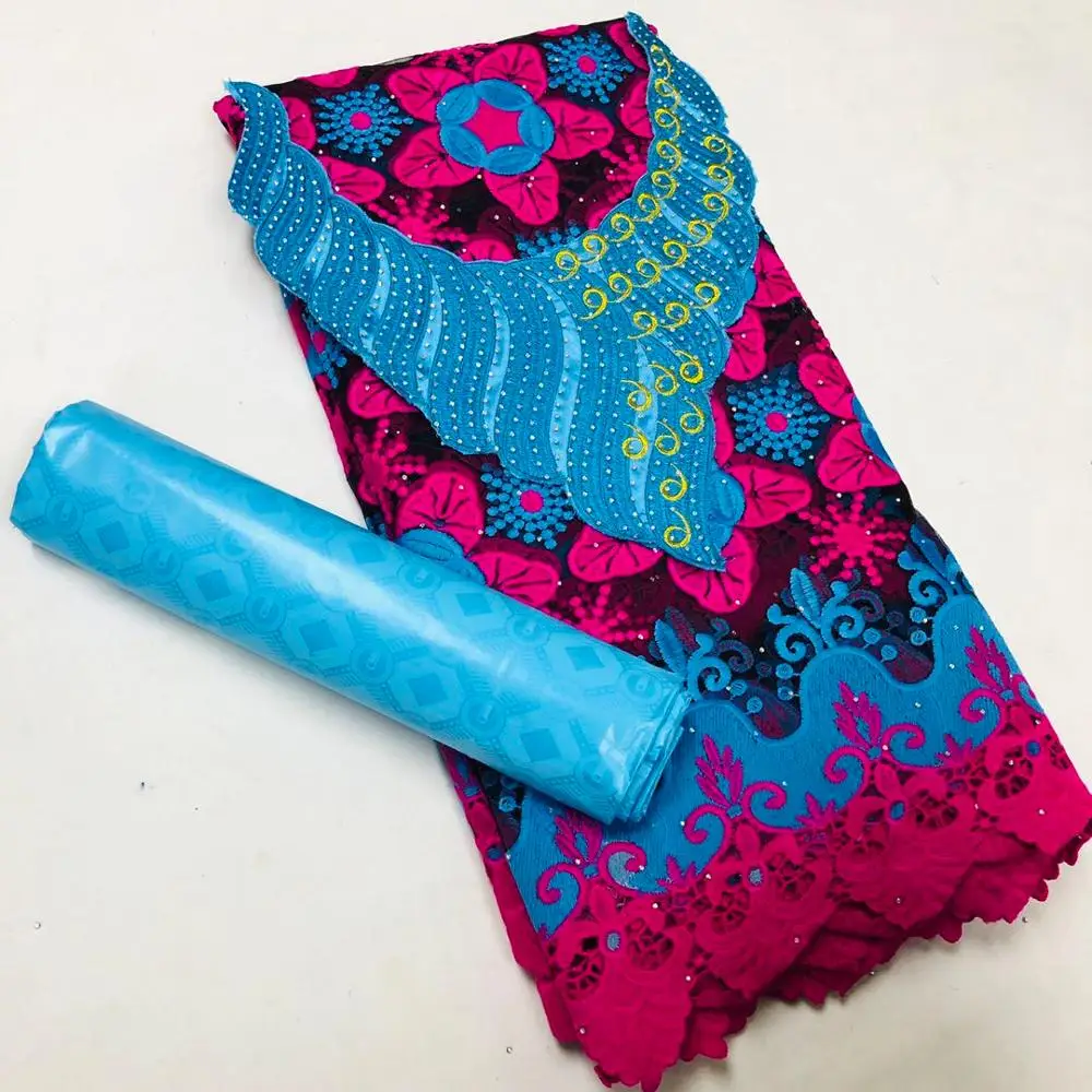 

2020 New African style french guipure net lace fabric with bazin fabric matching one set with one chest embroidery