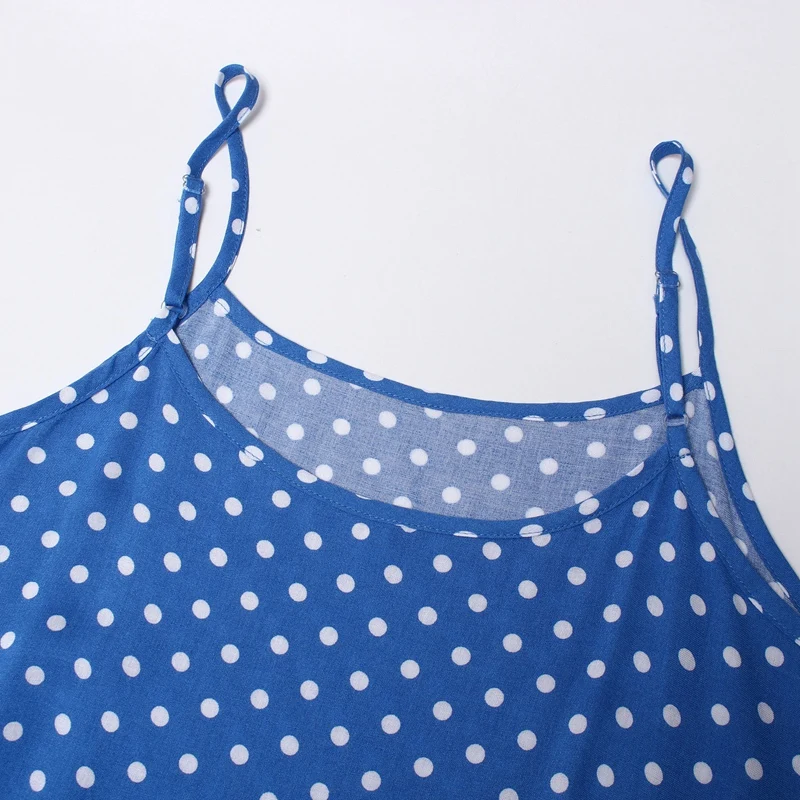 

Fashion Boho Dress Bohemian Long Maxi Dresses For Women Elegant Polka Dot Print Casual Suspender Dress Navy Blue XL