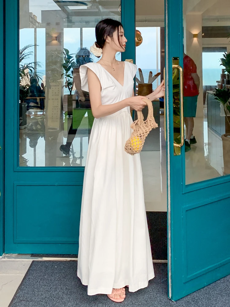 

Beach skirt women's white open back dress seaside photo skirt holiday dress super fairy Thailand travel dress