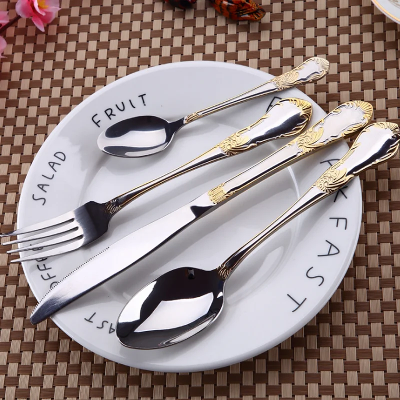Позолоченный нож для стейка из нержавеющей стали вилка и ложка с цветочным