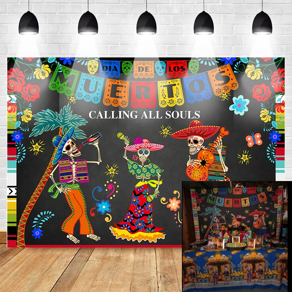 

Neoback Day of The Dead Backdrop Mexican Sugar Skull Photography Background Dia DE Los Muertos Dress-up Party Fiesta Backdrop