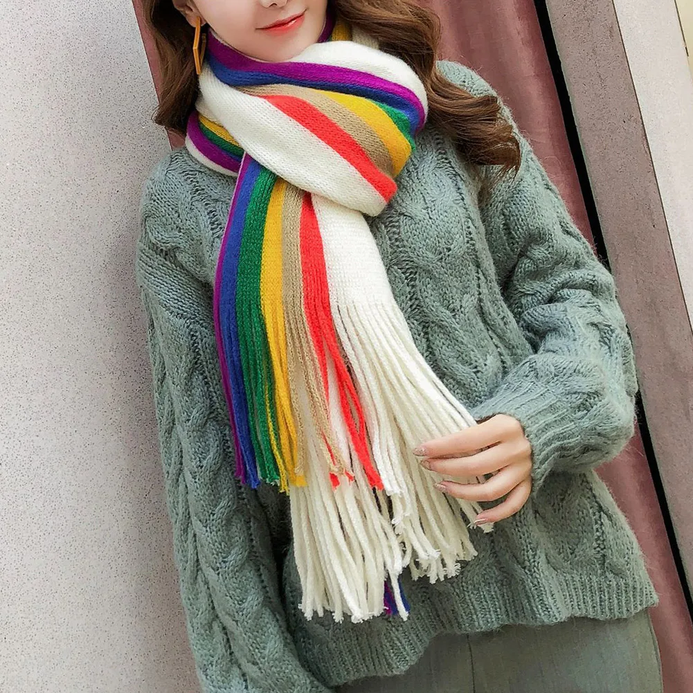 

Warm Rainbow Women Girl Scarves Shawl Wraps Tassel Long Knitted Scarf Gift Multifunction Scarf SEC88