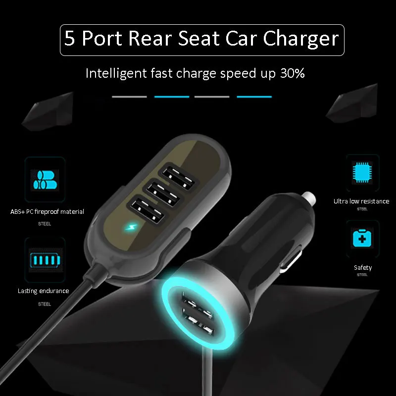 

Multi 5 Ports Car Charger For Huawei Samsung Tablet rear seat fast car charger 5.8A Universal Usb Extension Cable Car Adapter