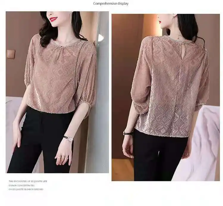 

Women's 2021 new chiffon shirt spring and autumn blouse loose light three quarter sleeve solid o neck