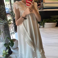 women summer korean style 2021 round neck elegant white dress ladies solid color casual loose new fashion irregular long dress