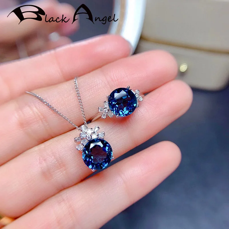 

BLACK ANGEL Imitation Blue Topaz Silver Jewelry Set Inlaid 8 Arrow 8 Heart Gemstone Pendant Women Resizable Ring Necklace Gift