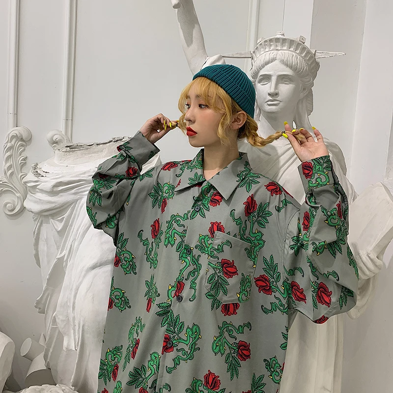 Женские летние рубашки Kawaii Ulzzang милая Ретро рубашка с длинным рукавом и принтом