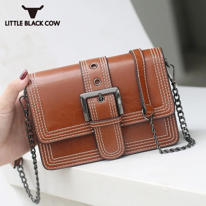 

Vintage Cow Split Leather Bags Women Fashion New Small Shoulder Crossbody Bags Female Streetwear Chains Flap Mini Bag Brown