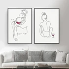 Женское Тело обнаженное Художественная печать абстрактная линия рисунок настенная живопись красное вино бокал питьевой плакат Модульная картина домашний декор