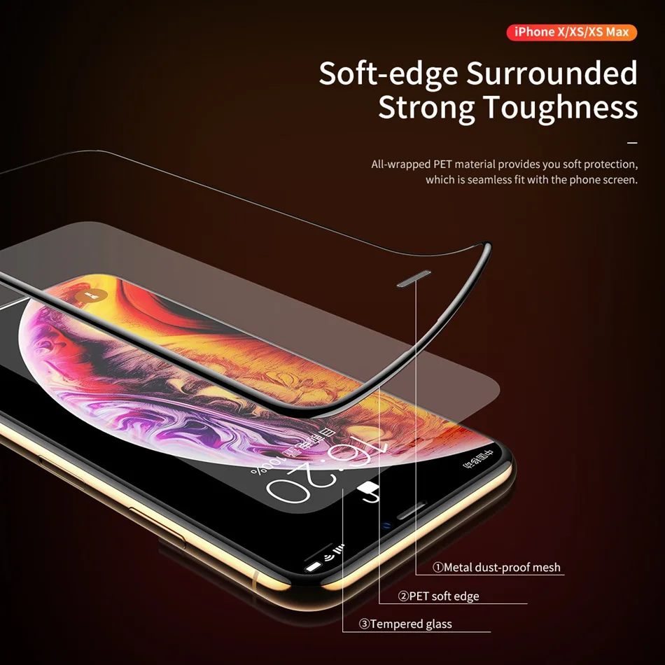 ROCK полное защитное закаленное стекло для iPhone X Xs Max 9H Защитное стекло для экрана для iPhone Xsmax пленка закругленные края покрытие стекло
