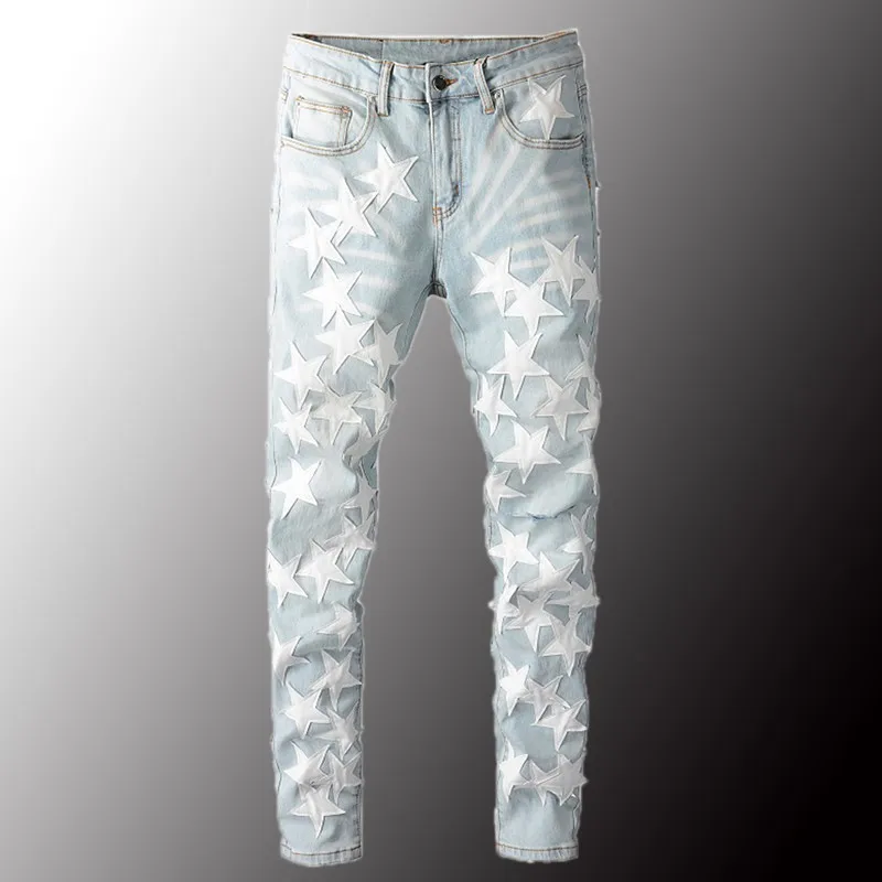 

Minglu Men's Stars Patches Design Jeans Streetwear Patchwork Ripped Stretch Denim Pants Slim Skinny Pencil Trousers Size 40