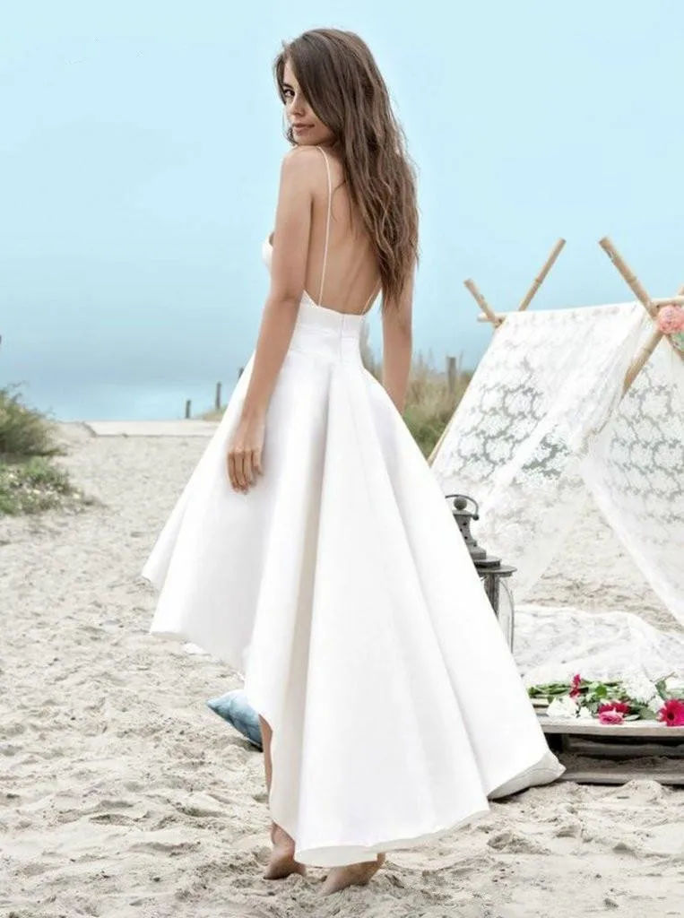 Hi-Lo Sexy Beach Wedding Dresses With Pockets V-Neck Spaghetti Straps Backless 2021 Simple Bridal Gowns Robe De Mariee Cheap | Свадьбы и