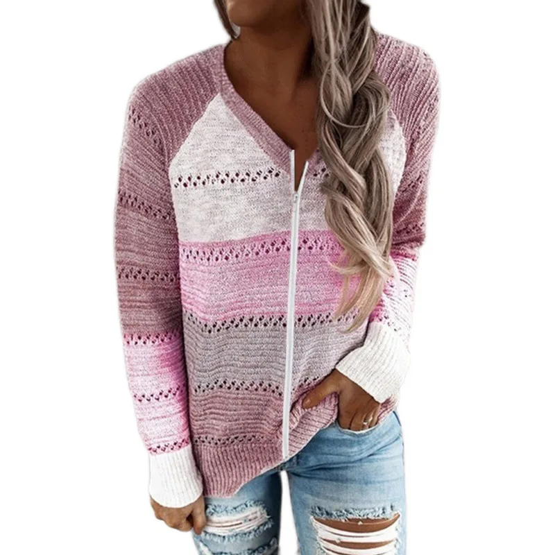 

Women Vintage V-Neck Zipper Knitted Sweater Autumn Casual Long Sleeves Splicing Elegant Cardigan Female Harajuku Striped Sweater