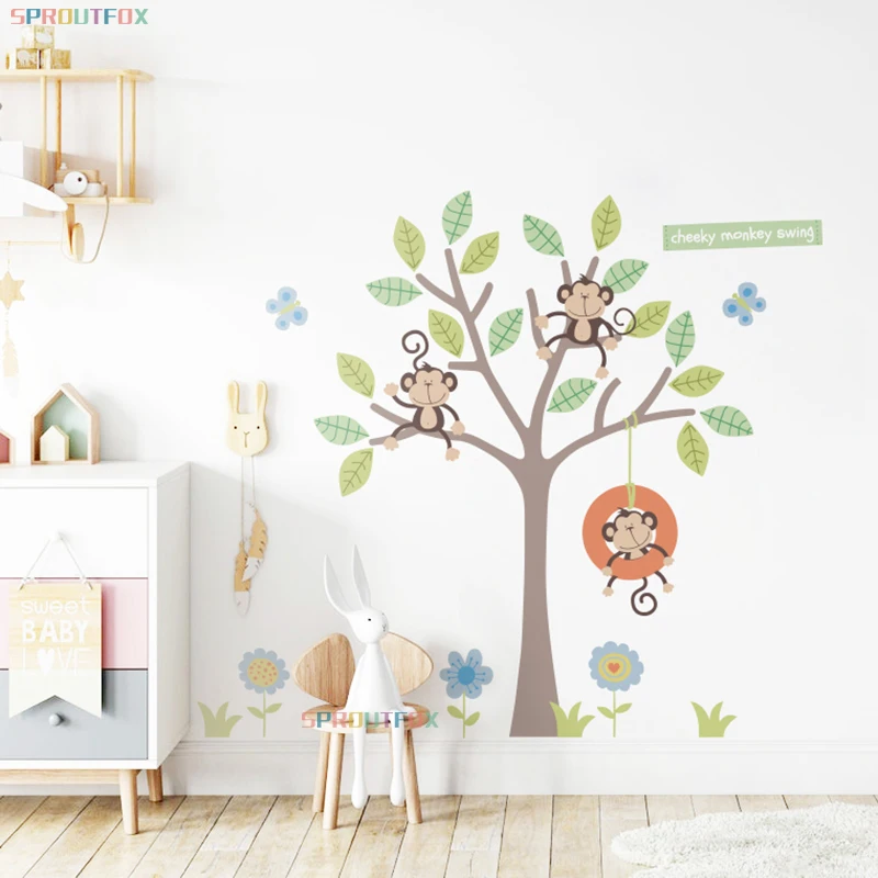 Vinyl Decorative Wall Stickers For Children Bedroom Wall Stickers Child Tree Decorative Sticker Children Wall Decals Monkeys