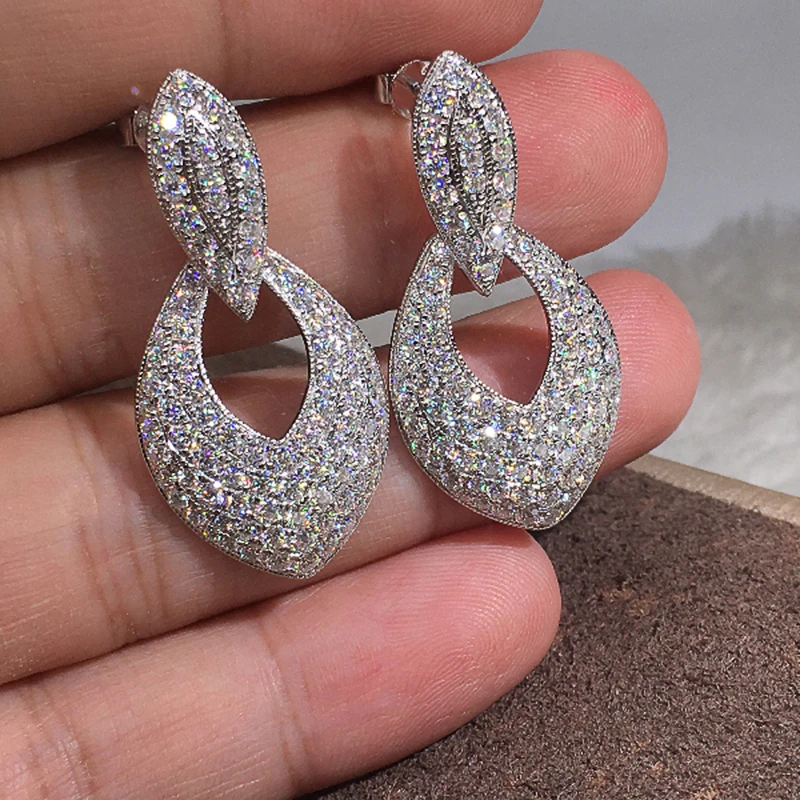

Huitan Luxury Silver Color Bridal Wedding Dangle Earrings Full Paved Shiny CZ Elegant Women Accessories for Party Trendy Jewelry