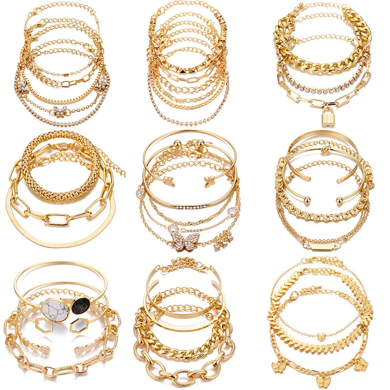 

5 Pcs/Set Punk Gold Crystal Thick Chain Bracelet Female Bohemian Geometric Chain Buckle Bracelet Set Jewelry Girl Party Gift