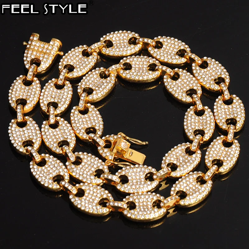 CZ Gold Coffee Iced Out Alloy Bean Pig Nose Rhinestone Necklace Charm Link Chain Bling Necklaces for Men HIP HOP Jewelry | Украшения и