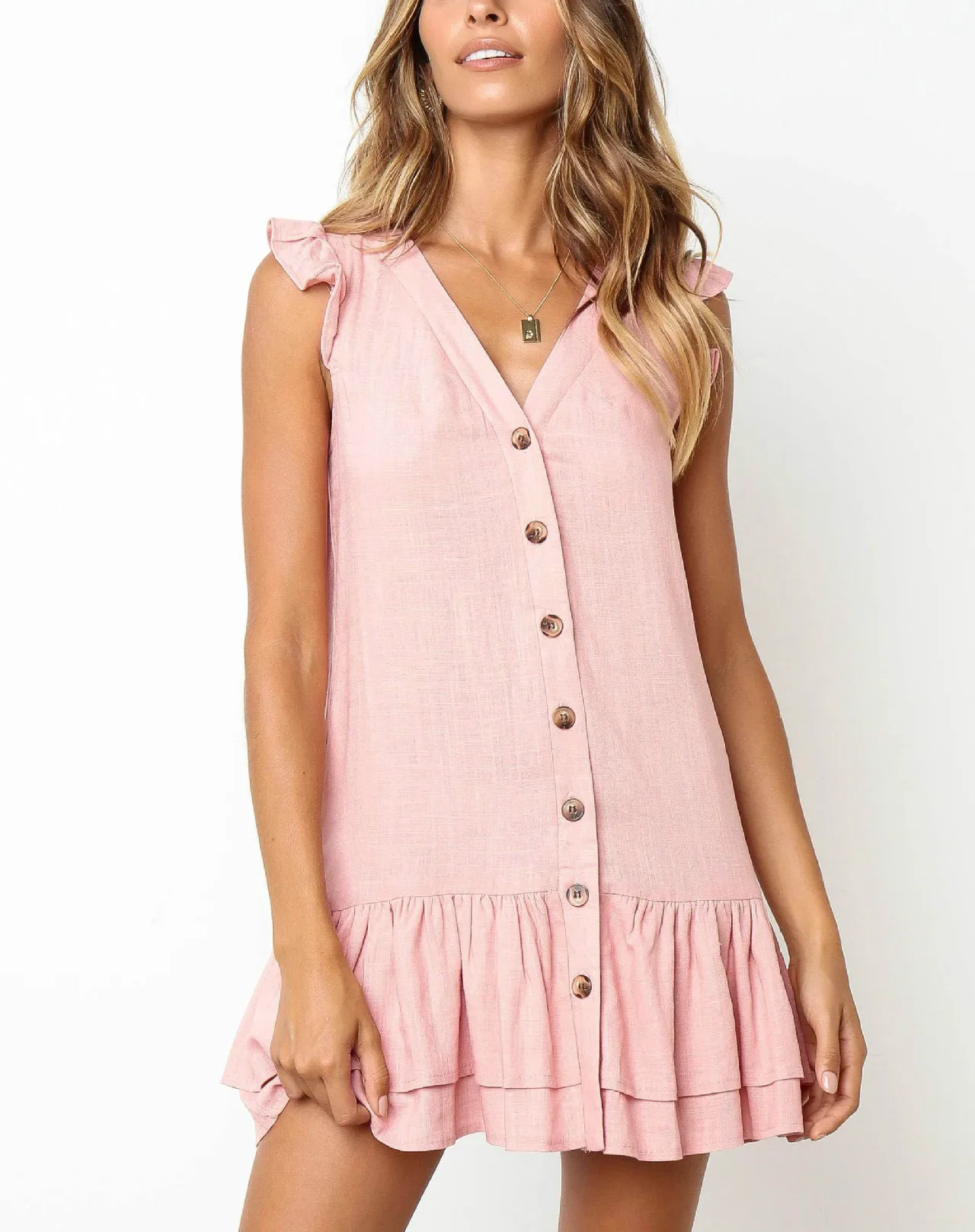 2019 сексуальное Плиссированное мини-платье с V-образным вырезом и пуговицами