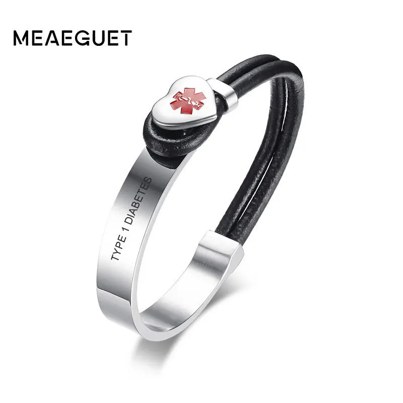 Персонализированный медицинский бирка ID браслет черный натуральная кожа