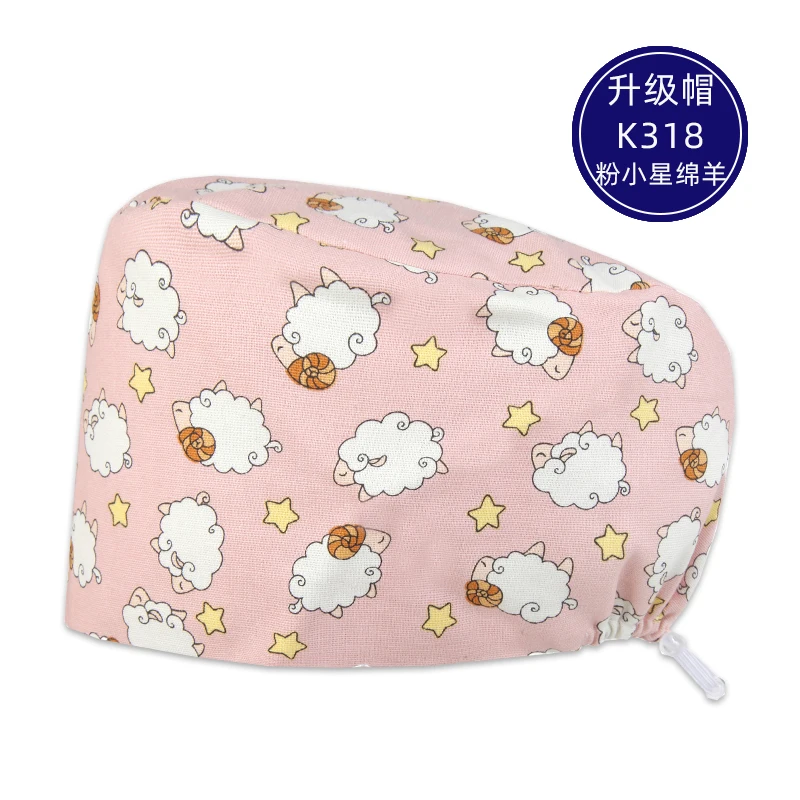 

New Sheep Pink Print Scrub Cap European Style with Cord Lock Back Forehead Sweatband Women Men 100% Cotton Working Hat K318