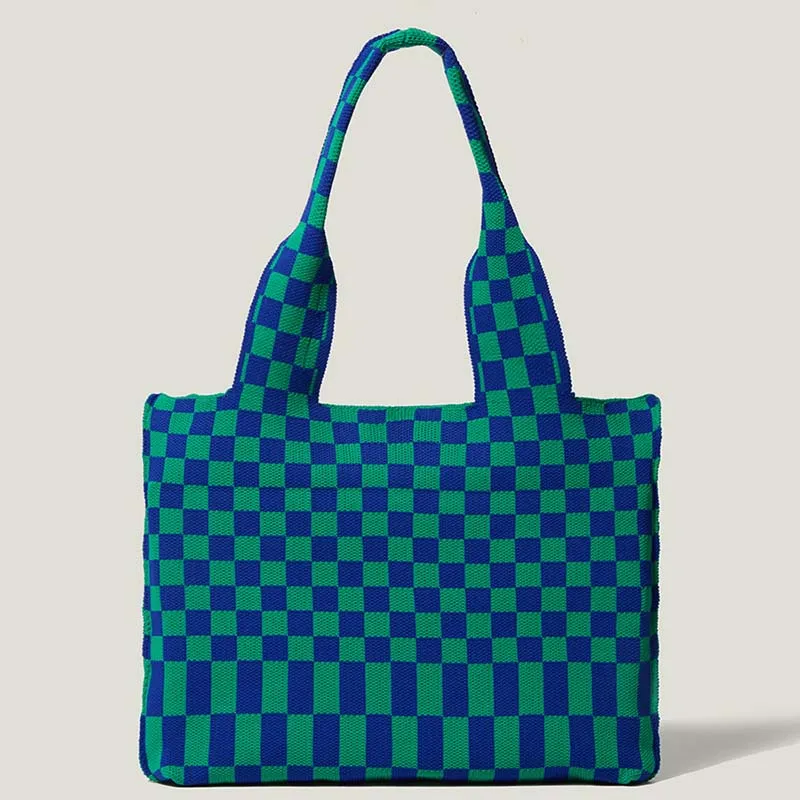 

Fashion designer checkerboard contrast color knitting woven large capacity tote handbag shoulder bag shopping bag 2022