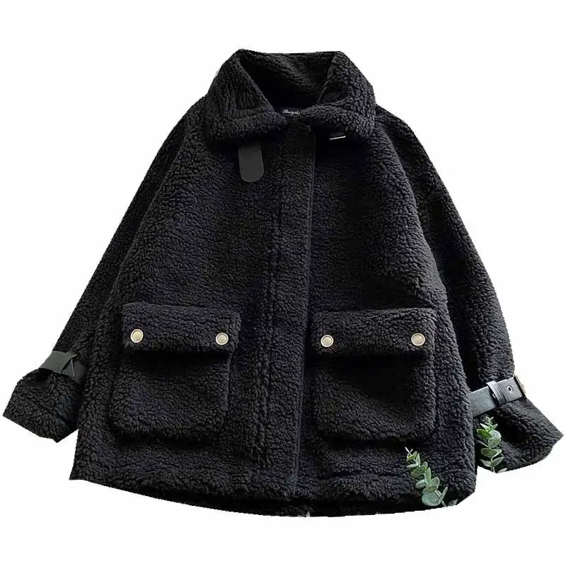 

Lamb Fur Women Coats Winter New Turtleneck Fleece Thicken Warm Solid Black Pocket Button Female Outwear Tops