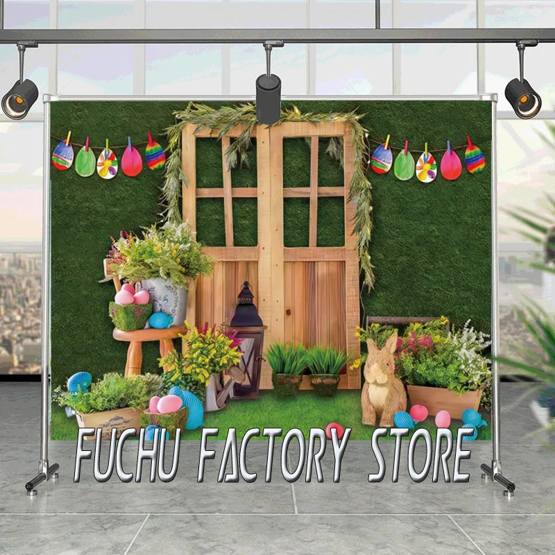 

Green Spring Easter Festival Photographic Backgrounds Wood Warehouse Rabbit Potted Flowers Grass Wall Photo Wall Photo Backdrop