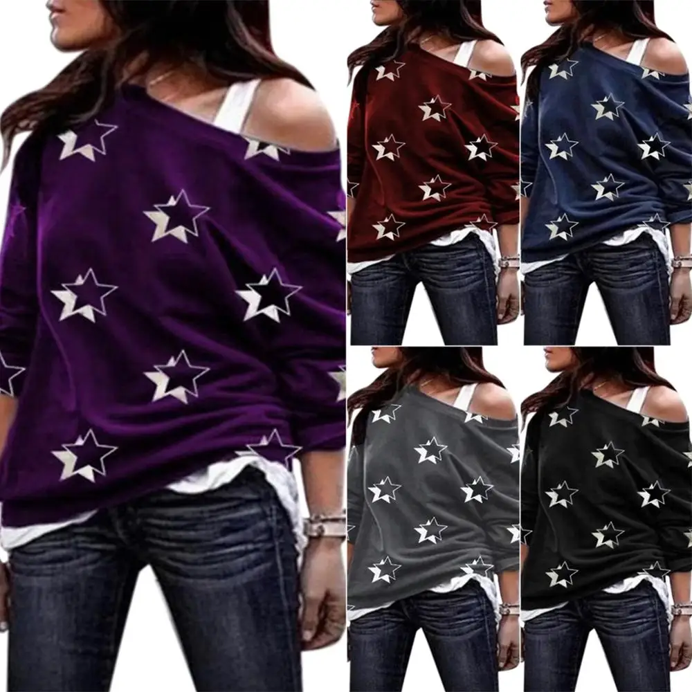 

Vicabo Stars Printed Shirt Plus Size Long Sleeves O-Neck Tops Women Grey Tshirt Ladies Clothing Streetwear Shirts