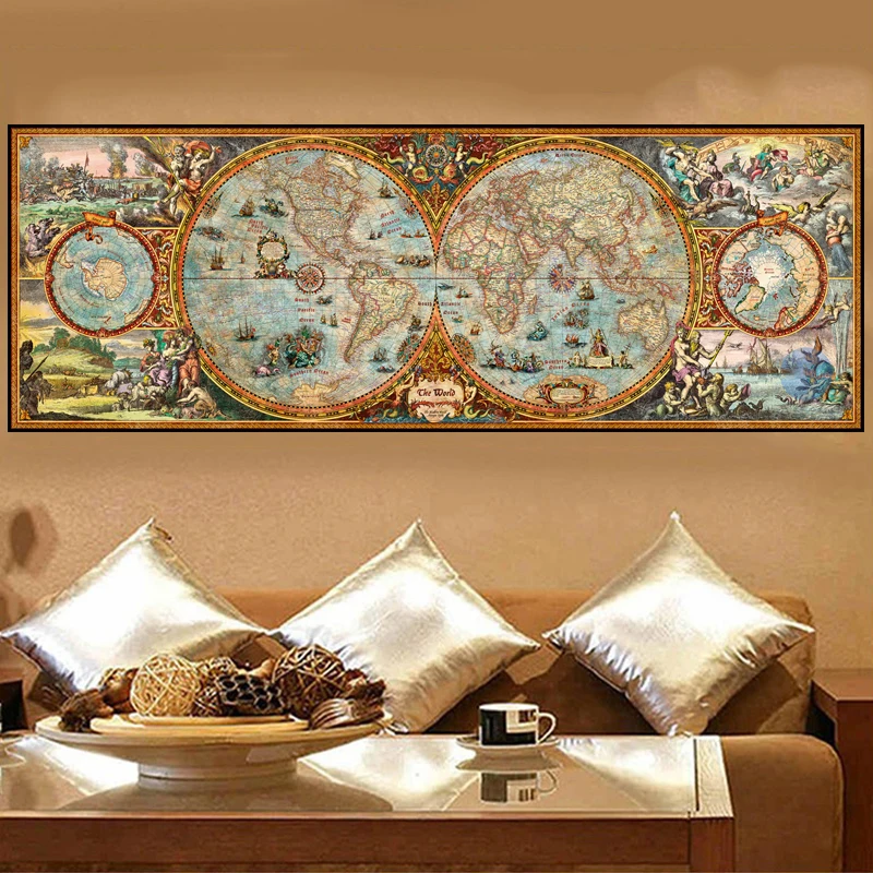 

Большая карта мира 5D DIY Алмазная вышивка крестиком на рисунке, "древняя карта" мозаичная картина, выполненная в технике алмазной вышивки камни в форме ромба Стразы Декор