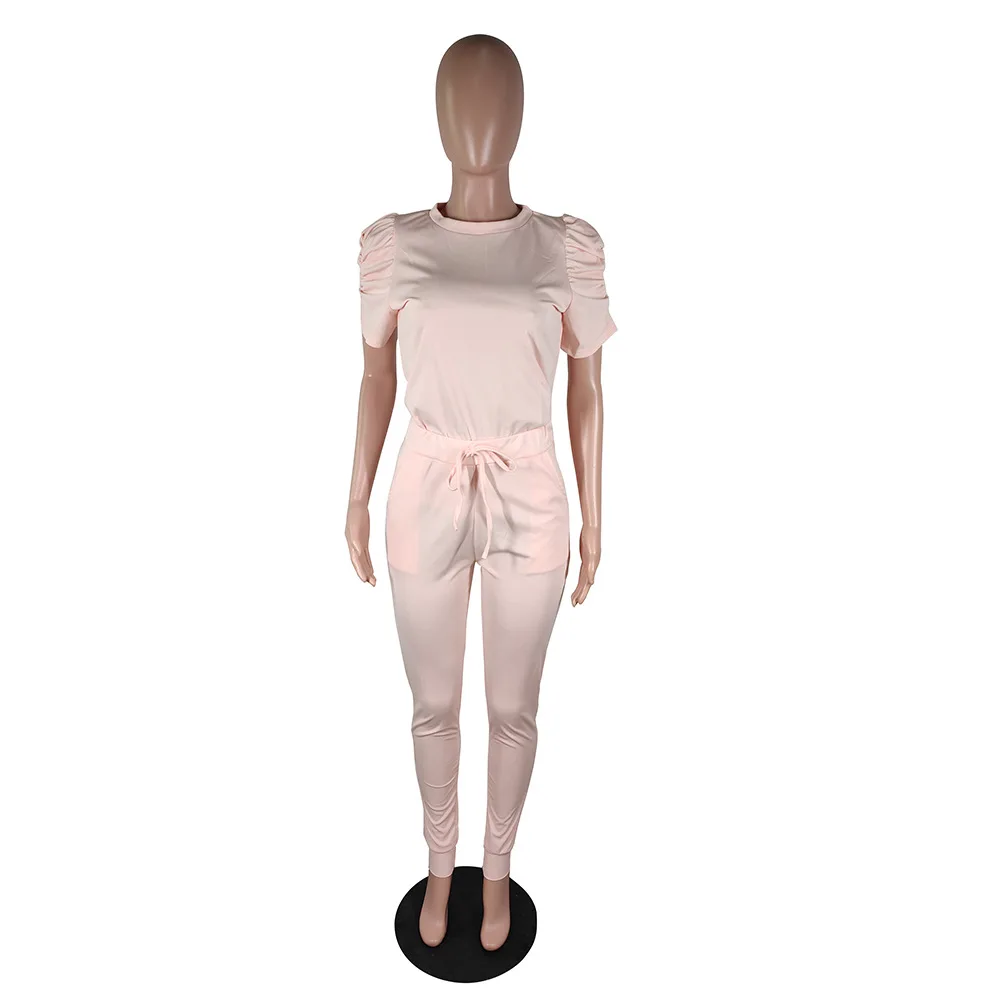

HAOOHU Sport Solid Women two piece set Tracksuits Puff Short Sleeve Pencil jogger sweatpants Suit Outfits Matching Set
