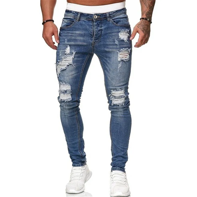 

Jeans Mnner Zerrissene Dnne Jeans Blau Bleistift Hosen Motorrad Party Casual Hosen Strae Kleidung Denim Mann Clothin