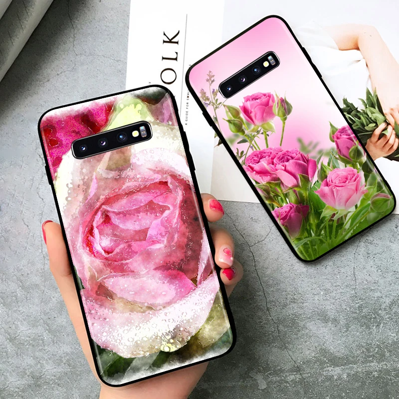 Black TPU Soft Cover Beauty Floral Rose for Samsung Galaxy S20 Ultra S10 S10e FE 5G S9 S8 S7 S6 Edge Plus Lite Phone Case