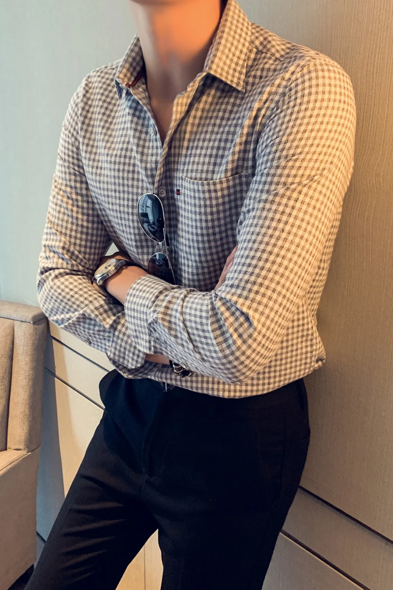 Мужская клетчатая рубашка Повседневная Свободная серого зеленого синего цветов