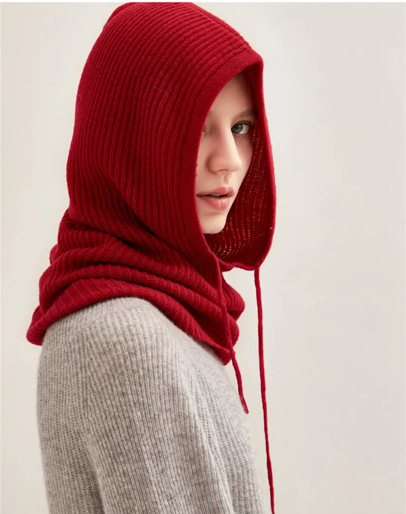 100%merino wool knit hooded scarf beanies adjustable size 35x50cm for unisex