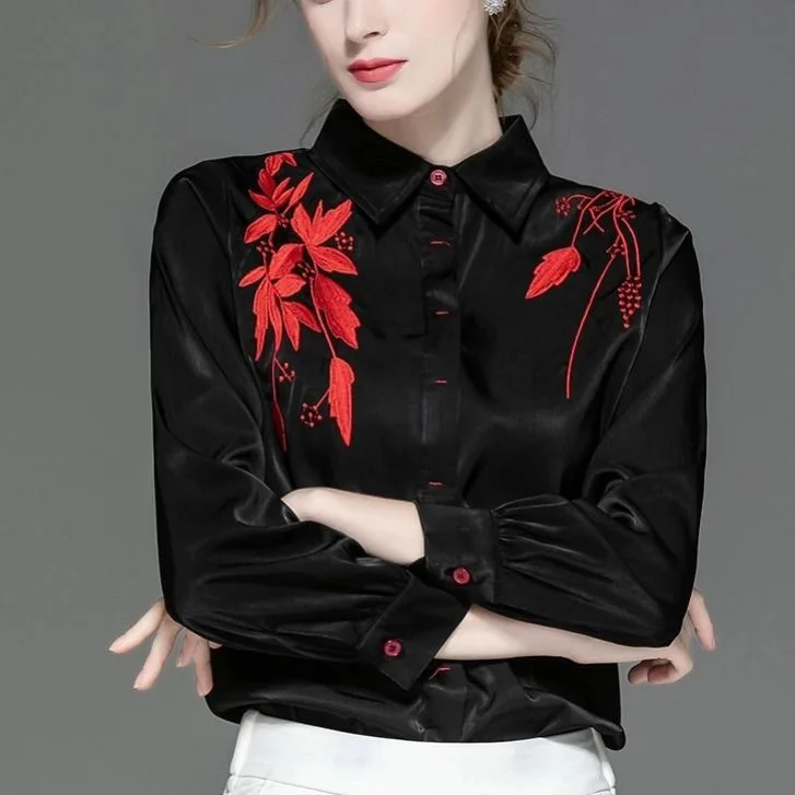 2020 Spring Fall Fashion Women Clothing , 3/4 Sleeve Red Embroidery Flower Black Blouse Top Shirt for Woman , Womens Blouses