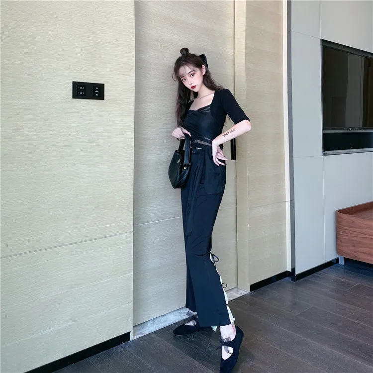 

2021 New Style Design Sense Bell-bottom Pants Chiffon Stitching Strap High Waist Casual Pants All-match Trousers for Women