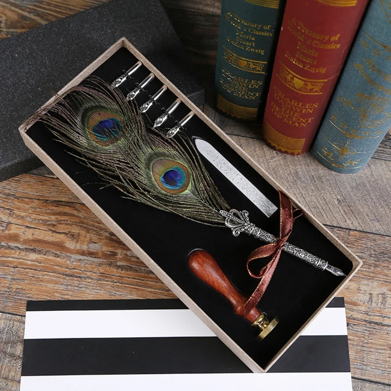 

Luxury Vintage Retro Peacock Owl Feather Quill Dip Calligraphy Fountain Pen With 5 Nibs Set Student Stationery Gift Box