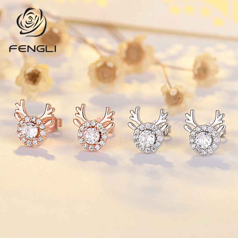 

FENGLI Small Crystal Deer Earrings for Women Sparkling Fashion Elk Cartoon Stud Earring Brand Jewelry Christmas Gift