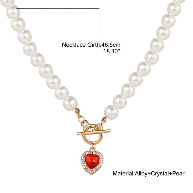 

72XE Fashion Imitation Pearl Necklace Choker with Heart Pendant for Women Girls Brides Jewelry Art Decor Evening Party Gifts