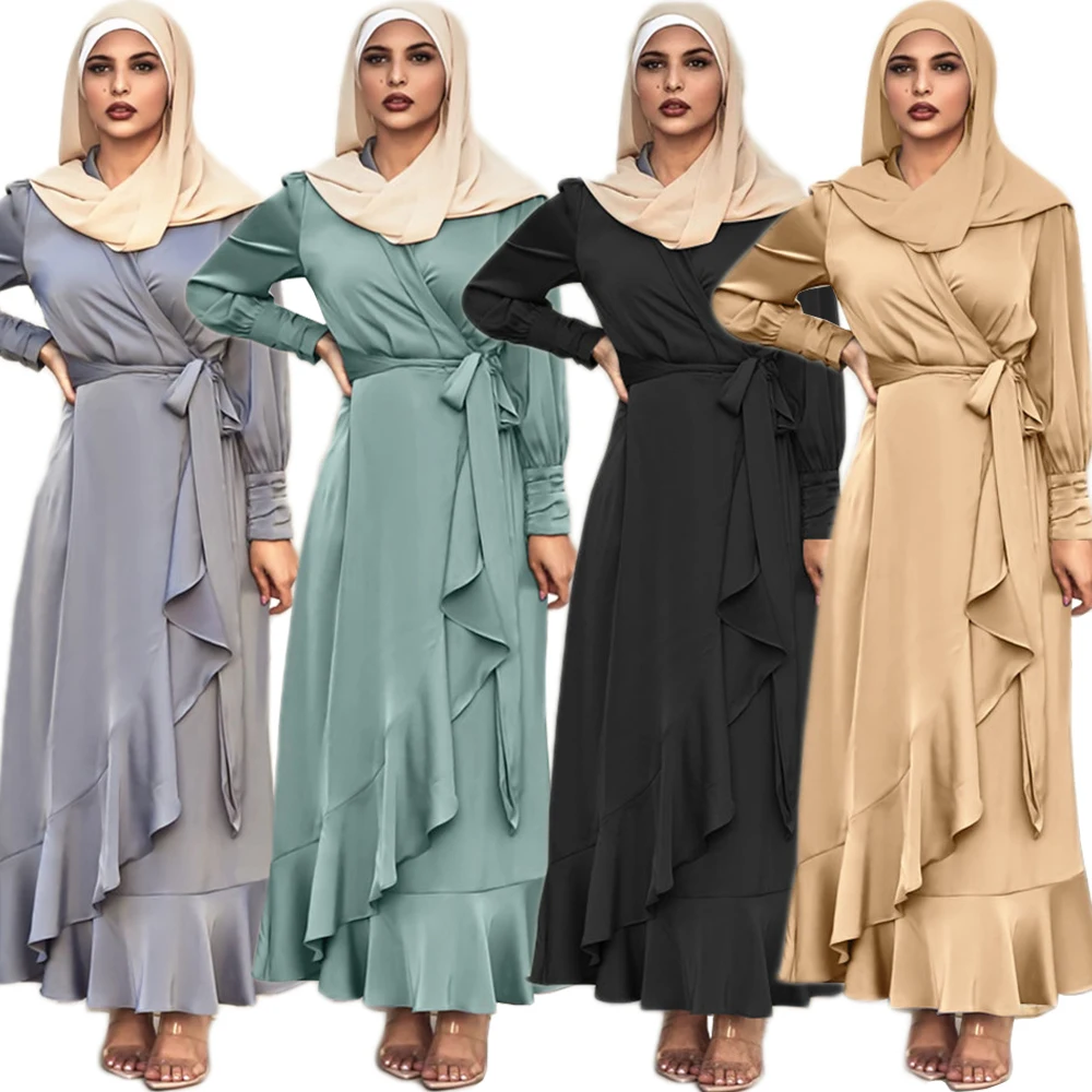 Женское атласное платье с оборками, длинное платье в арабском стиле