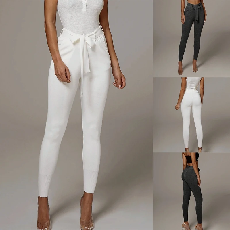 

Elegant Frill Trim Bow Belted Detail Solid High Waist Pants Women Clothing Fashion Elastic Waist Skinny Pants