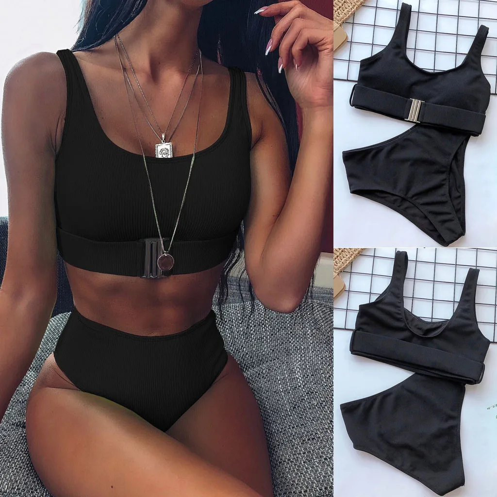 Бикини с высокой талией пикантный черный купальник женский пряжкой комплект для