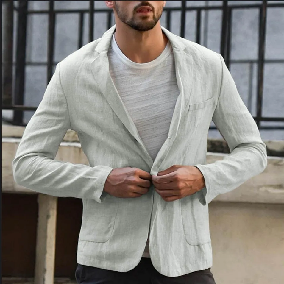 HEFLASHOr Hot MEN Slim Fit Linen Blend Blazers Business Suits Solid Color Dress Suit Long Sleeve Blazer Jacket | Мужская одежда