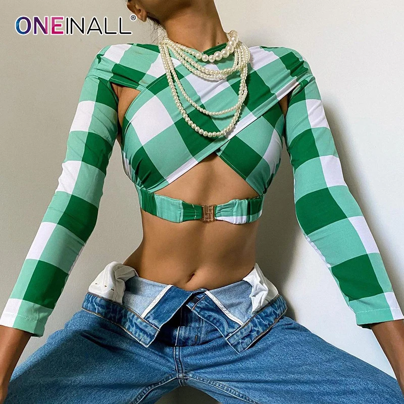 

ONEINALL принт футболка в клетку для женщин с круглым вырезом и длинными рукавами и отверстиями на верхнем слое с вытянутым носом, T рубашки женс...