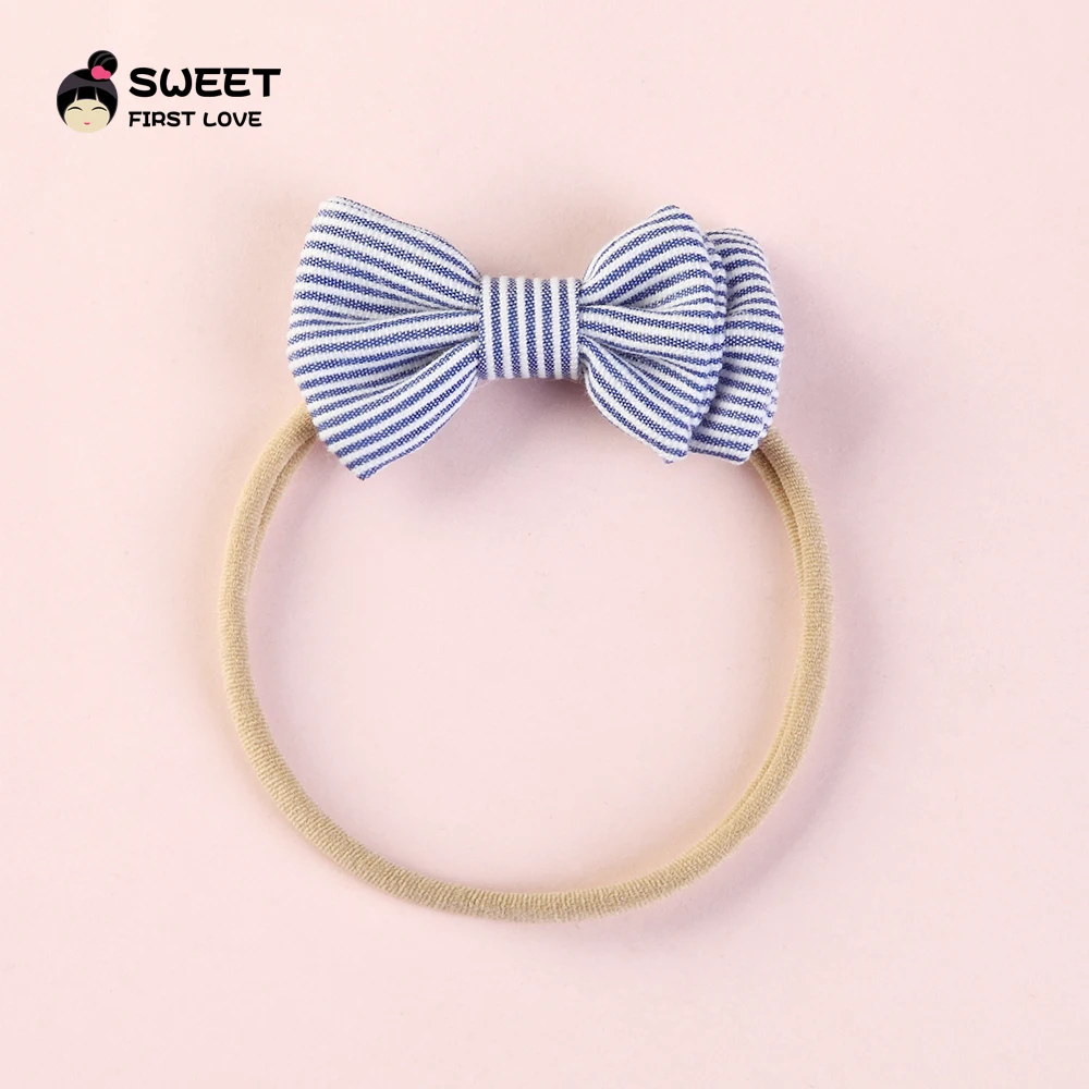 Повязка на голову женская с бантом нейлоновая простая повязка в полоску ручной